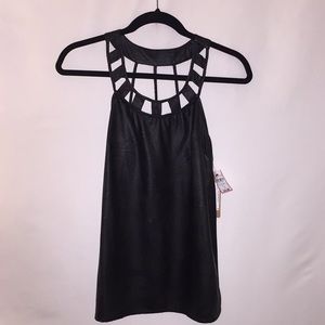 Faux leather black sleeveless top.